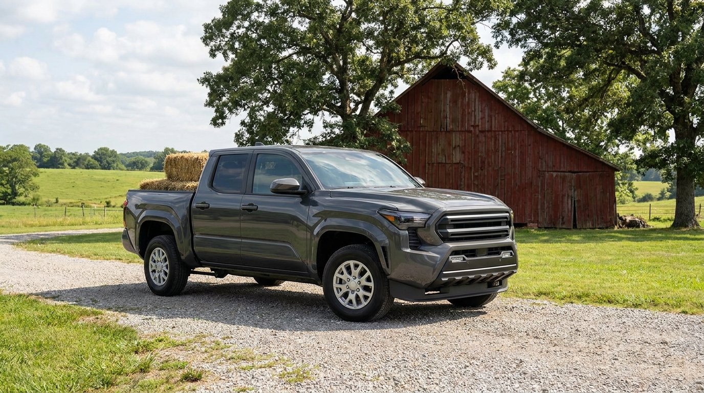 Pickup truck parked in front of a red barn on a Michigan farm property, representing farm truck and rural auto insurance