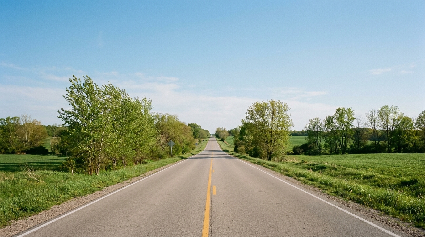 Quiet two-lane Michigan highway stretching through rolling countryside, representing safe driving conditions covered by auto insurance