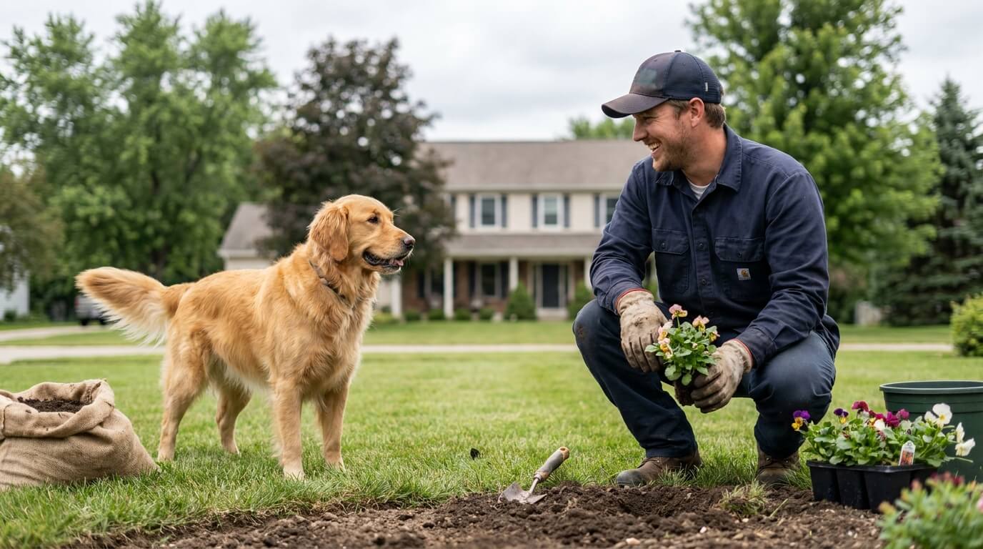Professional landscaper smiling at an excited golden retriever while planting flowers at a Michigan home, representing contractor insurance for landscaping businesses
