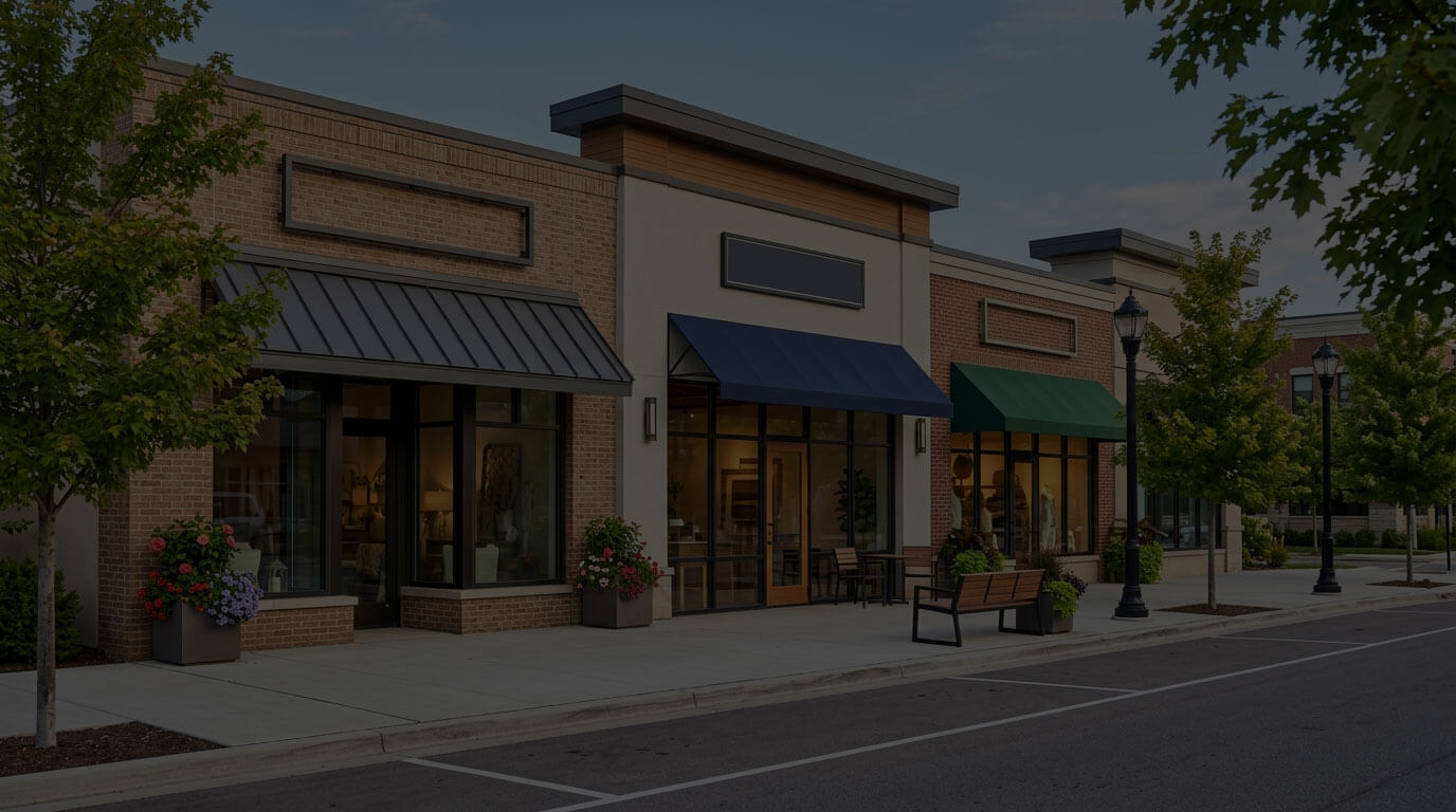 Modern storefronts in a Michigan downtown business district, representing local community insurance in Southeast Michigan