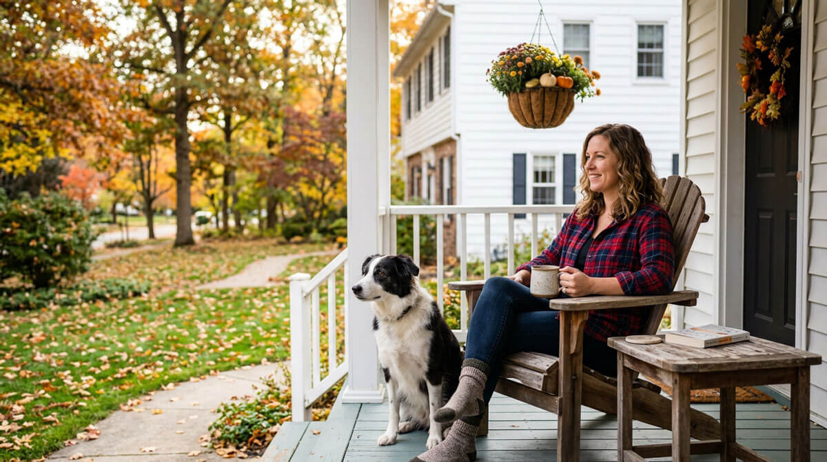 Person relaxing with their dog on the front porch of a Michigan home, representing property owner insurance for Michigan homeowners